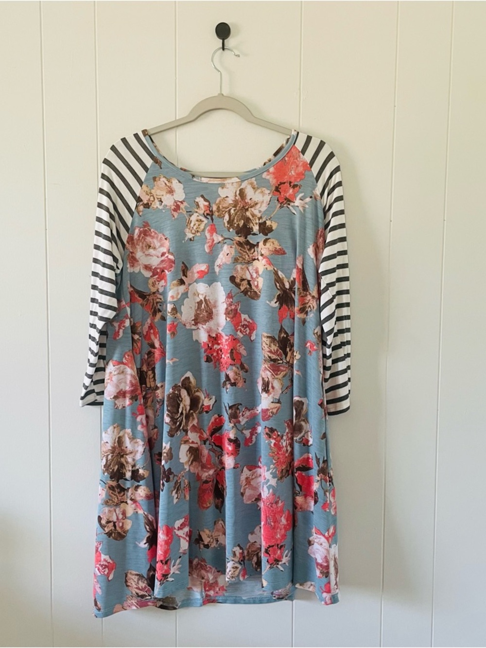 Floral Blue Midi Dress with Striped Raglan Sleeves